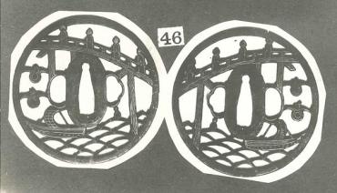 Sword Guard (Tsuba): Boat beneath Bridge and Birds Flying over Water