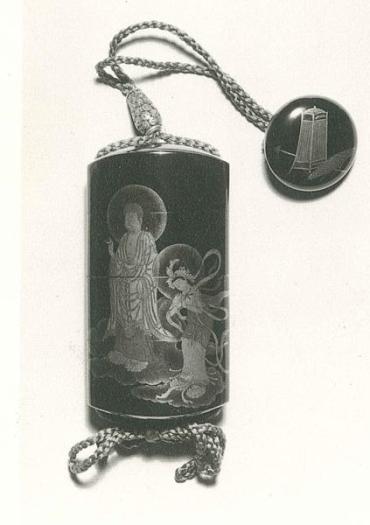 Inro:  (front) Amida Buddha and Kannon (Bodhisattva) on Clouds Descending to Welcome a Deceased Soul to Paradise; (back) Seishi with Lotus Receptacle