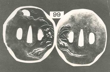 Sword Guard (Tsuba):  Badger in Reeds along Edge of Stream with Moon Emerging from Clouds