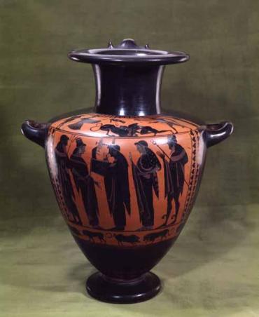 Hydria (water vessel): Hermes, Leto, Apollo, Artemis and Poseidon