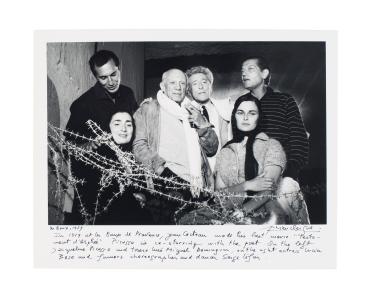 Picasso and Jean Cocteau surrounded by Serge Lifar, Louis Miguel Dominguin, Lucia Bose and Jacqueline Roque during the filming of the "Testament of Orpheus", Les Baux, 1959.  (Picasso et Jean Cocteau entourés de Serge Lifar, Luis Miguel Dominguin, Lucia B