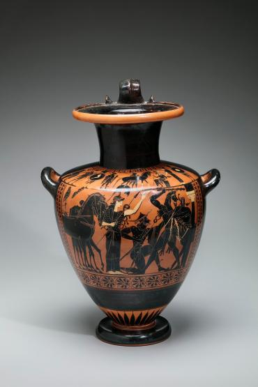 Hydria (water vessel); Center: herakles and Cerberus; Shoulder: Departure of warriors and hunters