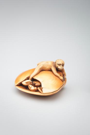Netsuke: monkey with foot caught by a crab