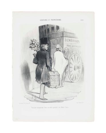 Parisien transportant dans un autre quartier ses dieux Lares. From "Locataires et Propriétaires", no. 9