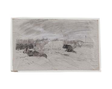 Cows in a Pasture. Verso: Sketch of a Cow Lying Down