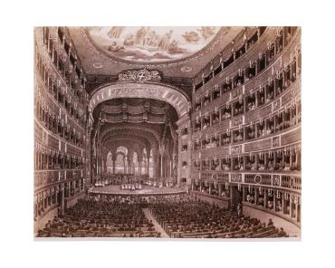 Napoli, Panorama da Posillipo (recto); Photograph of a drawing of an opera house interior (verso)