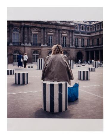 Untitled Triptych, Paris [Visitors studying the Daniel Buren column piece at the Palais Royale]