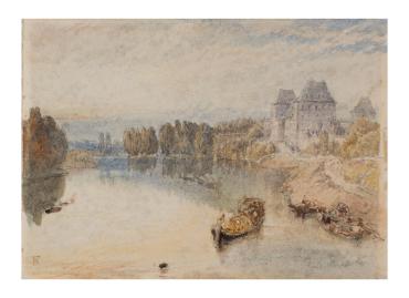 River Scene with Castle and Ferryboat at Evening