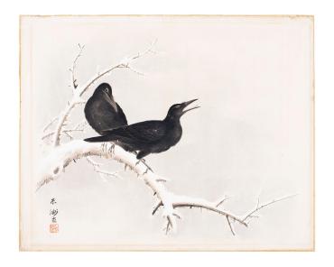 Two Rooks on Snow Covered Branch