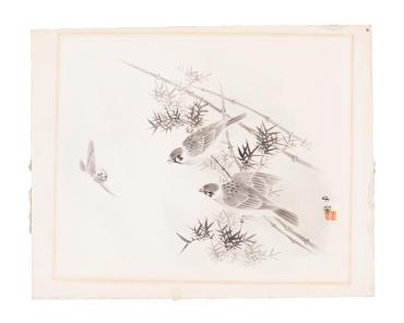 Three Birds, Two on a Bamboo Branch