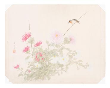 Chrysanthemums, and Bird on Bamboo Stick
