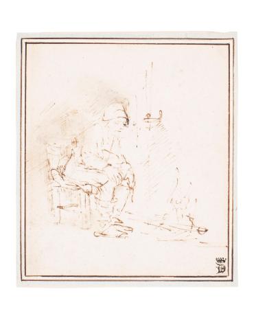 Old man sitting by a fireside/ facing to the right, hands on knees