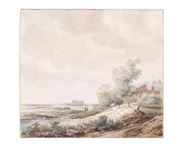 Untitled (Dutch lowland landscape with house and figures)