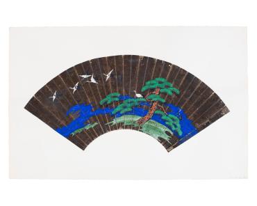 Fan Painting: Storks, Pine Tree and Water