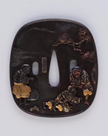 Sword Guard (Tsuba):  Fisherman Watching Two Men in Fairy Tale; (back) Waves