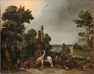 A Hunting Party Halting by an Ancient Fountain, a Landscape with a Rainstorm Beyond