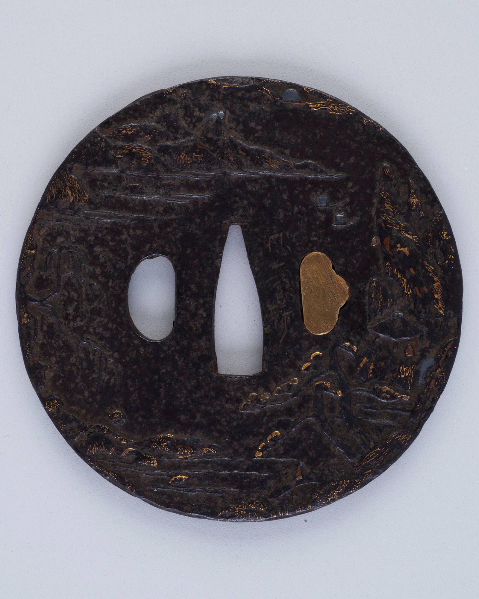 Sword Guard (Tsuba):  (front) Rocky Landscape Seen by Moonlight with Stream and Small Sailboats; (back) Man under Snow-covered Bamboo Branches