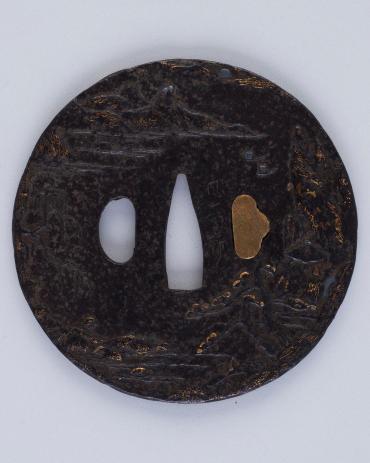 Sword Guard (Tsuba):  (front) Rocky Landscape Seen by Moonlight with Stream and Small Sailboats; (back) Man under Snow-covered Bamboo Branches