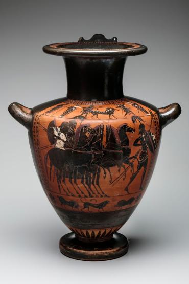 Hydria (water vessel):  Herakles and Cerberus with Athena and Hermes
