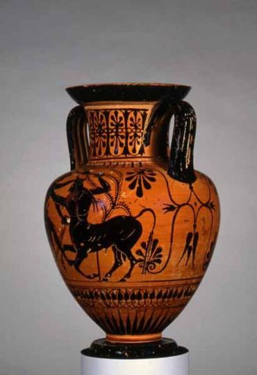 Neck Amphora (storage vessel): Maenad Riding a Bull and Herakles Fighting the Acheloos