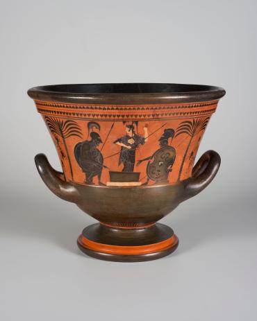Calyx Krater (bowl for mixing water and wine); Front: Achilles and Ajax Playing a Game; Back: Athletes