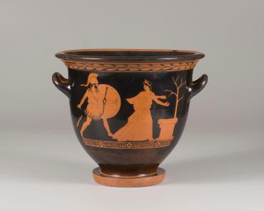 Bell Krater (bowl for mixing water and wine);  Front: Helen fleeing from Menelaos;  Back: A Youth Departing