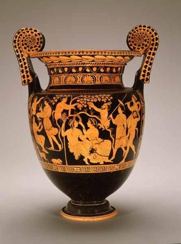 Volute Krater (mixing vessel); Front: In a cave, Ariadne crowns Dionysos with a laurel wreath. Back: A young warrior takes leave of his wife and returns victorious.