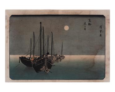 Fishing Boats on Lake Biwa; full autumn moon