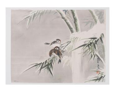 Sparrows on Bamboo in Snow