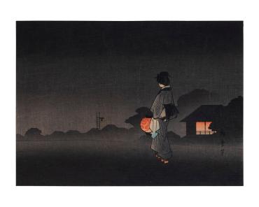 Night Scene; girl with lantern and farm house