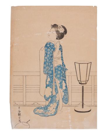 Keyblock print with blue woodblock Furisode Kimono designs for Maiko Admiring the Moon