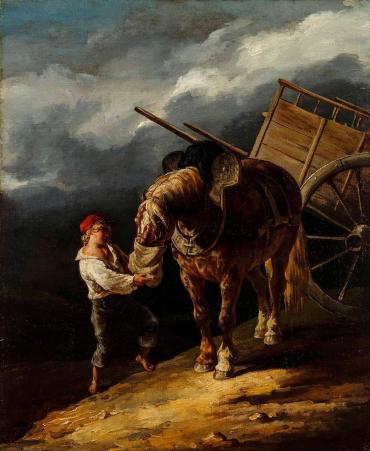 Boy Giving Oats to an Unhitched Horse