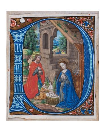 Illuminated initial P with miniature painting of the Adoration of Jesus.  From an Antiphonal