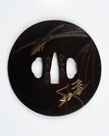 Sword Guard (Tsuba):  (front) Grasshopper Clinging to Blade of Kaya (uralia grass); (back) Crescent and Kaya