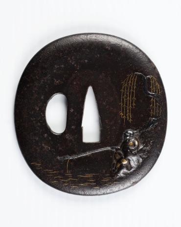 Sword Guard (Tsuba):  (front) Fisherman Seated beside a Stream under a Weeping Willow Tree; (back) Mushrooms Growing beside a Stream