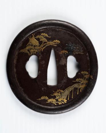 Sword Guard (Tsuba):  (front) Temple House, Temple Bridge and Trees; (back) Temple Gate and Trees