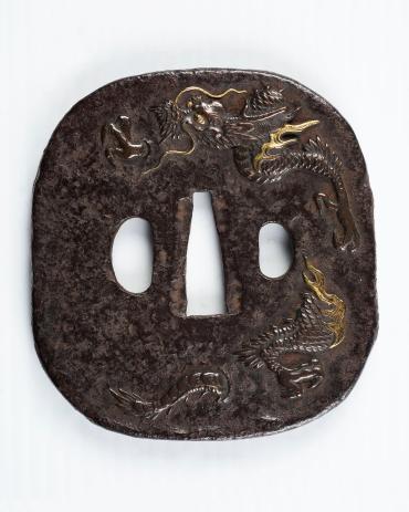 Sword Guard (Tsuba):  Flame-tipped Dragon Struggling through Clouds