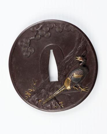Sword Guard (Tsuba):  (front) Pheasant and Pine Tree; (back)  Nightingale on Branch of Pine Tree