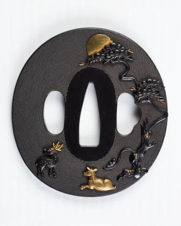 Sword Guard (Tsuba): (front) Autumn Moon Shining on Two Deer Under a Pine Tree; (back) pine branch