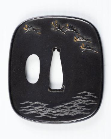 Sword Guard (Tsuba):  (front) Cranes Flying over Water; (back) Pine Tree and Sea Shells on the Seashore