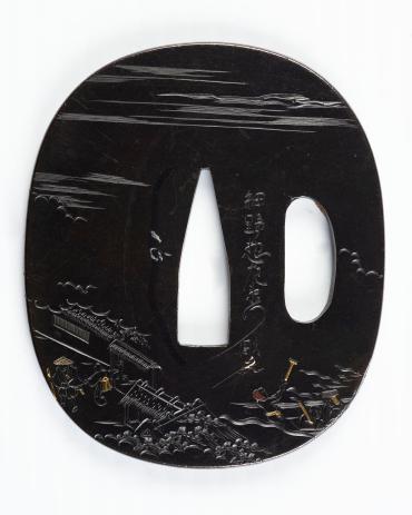 Sword Guard (Tsuba) of an Ancient Slung Sword (tachi):  (front) Ferry Approaching Shoreline; (back) Ferry and Its Passengers Leave Shore
