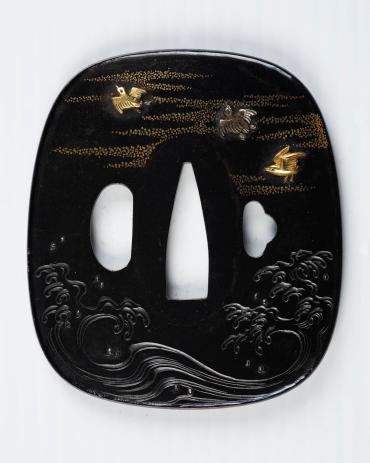 Sword Guard (Tsuba):  Plovers (chedori) Flying over a Stormy Sea