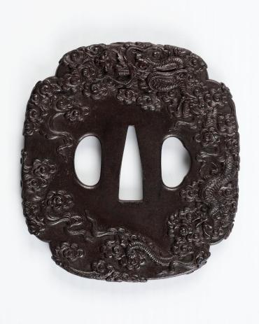 Sword Guard (Tsuba):  Three-toed Dragon Holding the Jewel of Buddha