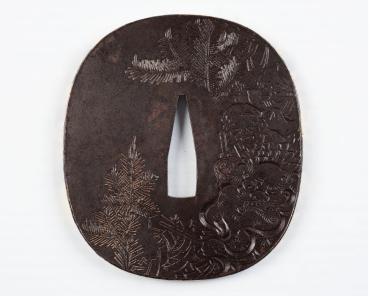 Sword Guard (Tsuba):  Heads of New Year’s Celebrators with a Dancing Lion’s Head and Pine, Bamboo, and Gohei Decorations