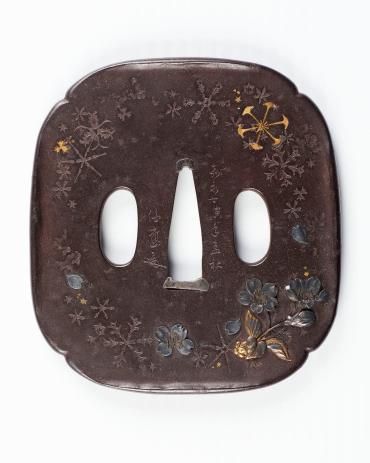 Sword Guard (Tsuba):  (front) Cherry Blossoms and Snow Flakes; (back) New Moon and Falling Snow Flakes