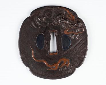 Sword Guard (Tsuba):  Dragon and Flames Emerging from Swirling Clouds