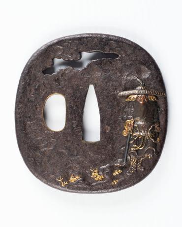 Sword Guard (Tsuba) of a Medium-length Sword: (front) Shoki, the Chinese Demon-queller Walks along a Rocky Cliff; (back) Fleeing Demon Crawls beneath the Cliff