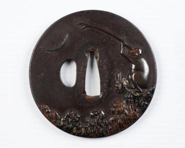 Sword Guard (Tsuba):  (front) Monkey Seated on Rocks Reaches toward the Moon (symbolic of foolishness); (back) Family Crest