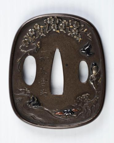 Sword Guard (Tsuba):  (front) Birds, Stream, Branch of Flowering Tree, and Signature;  (back)  Rocks and Part of Flowering Tree