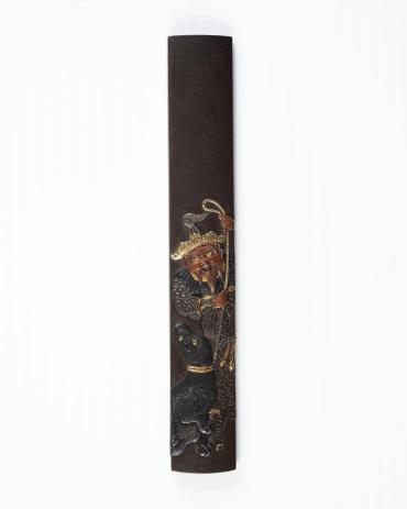 Kozuka: (front) Chinese Figure (Hunter?) with Dog; (back) signature and seal (kakihan)